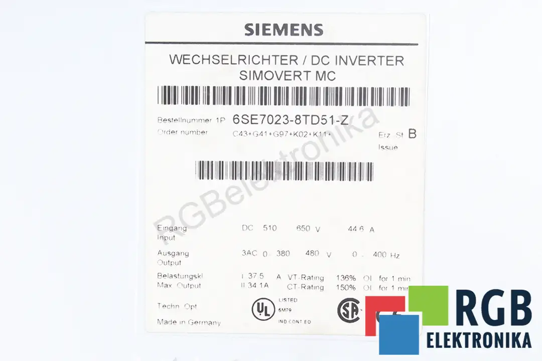 6SE7023-8TD51-Z Z=C43+C41+G97+K02+K11 SIEMENS